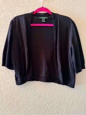 LAUREN RALPH LAUREN Black Short Sleeve Cropped Sweater Classy Cardigan Women Med